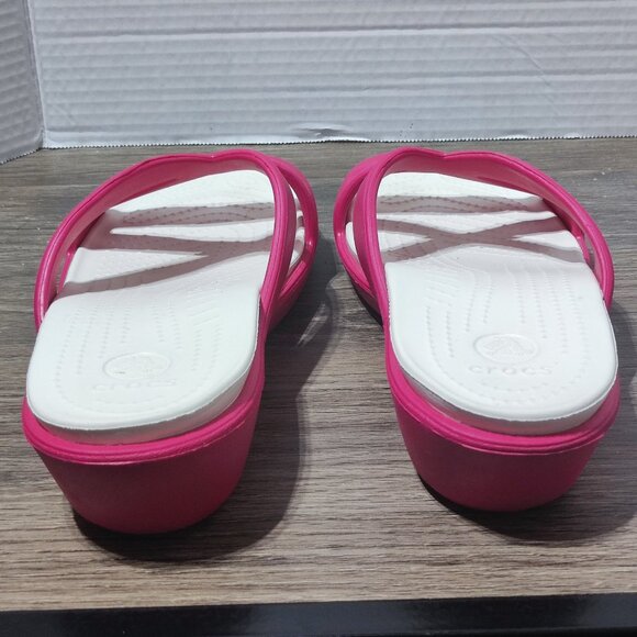 Crocs Low Wedge Slides Size 10 pink white Strappy Slip On Summer Comfort Sandals - Picture 5 of 12